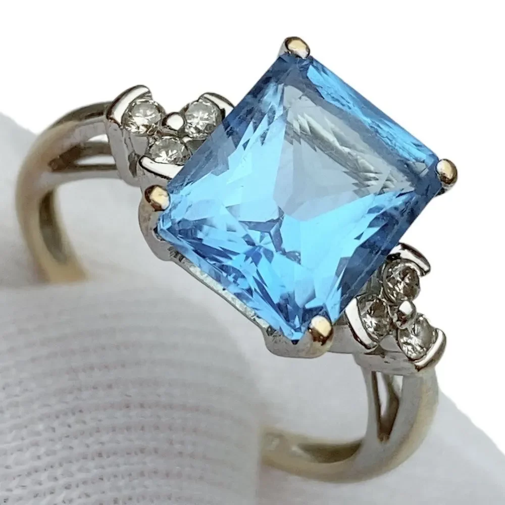 10k 10KT Karat Fine Solid White Gold Blue Topaz & Diamond Ring Women’s 6.5